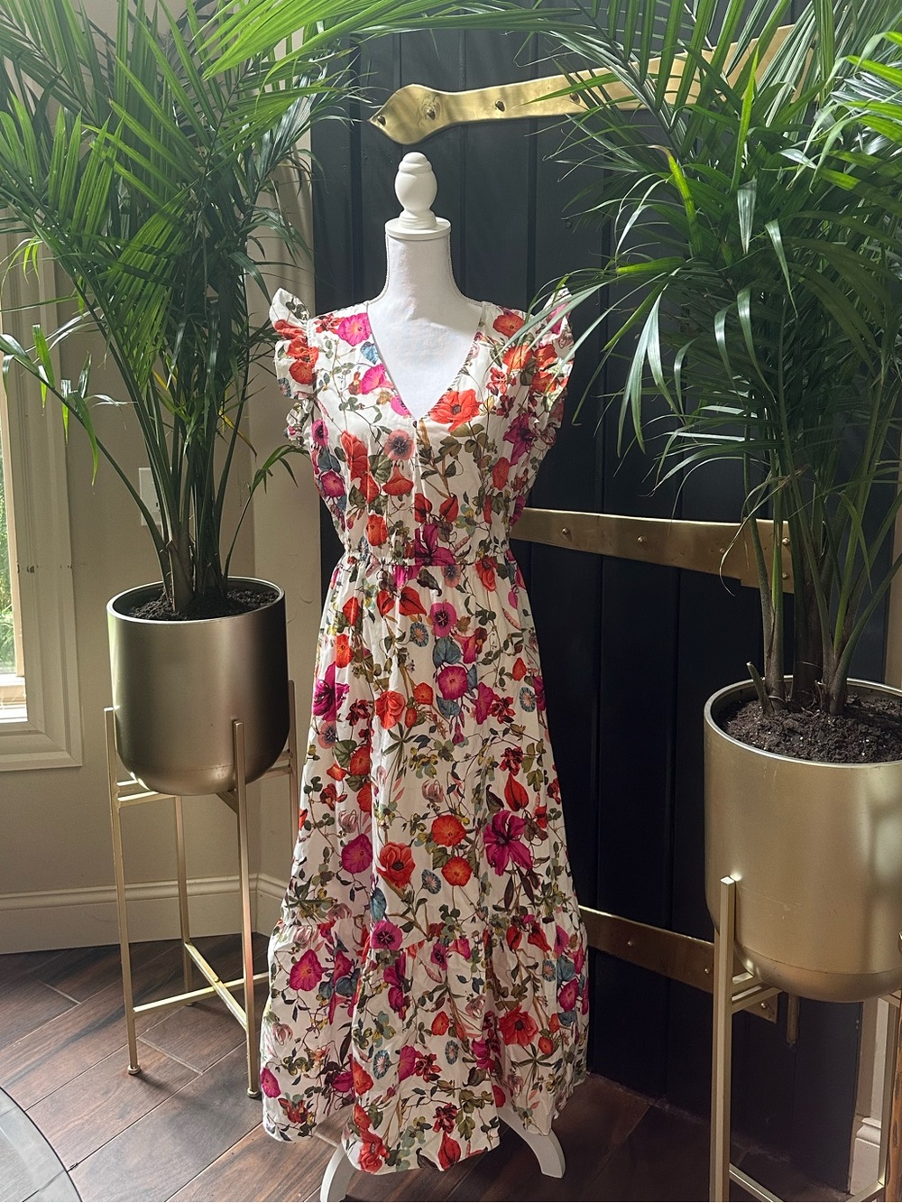 NWT Anne Klein Floral Dress v neck flutter sleeve tiered maxi boho smocked 10